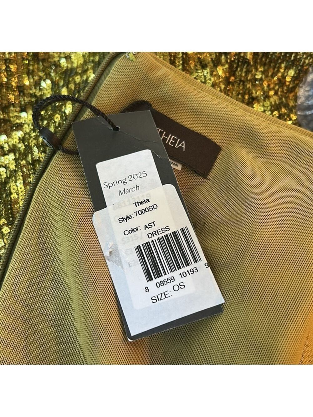 Theia Green Sequin Mesh Faux Wrap MIDI Dress 3/4 Length Sleeve Size 4 NWT - Picture 11 of 12